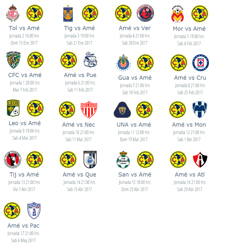 Calendario de America Aguilas Clausura 2017 futbol mexicano